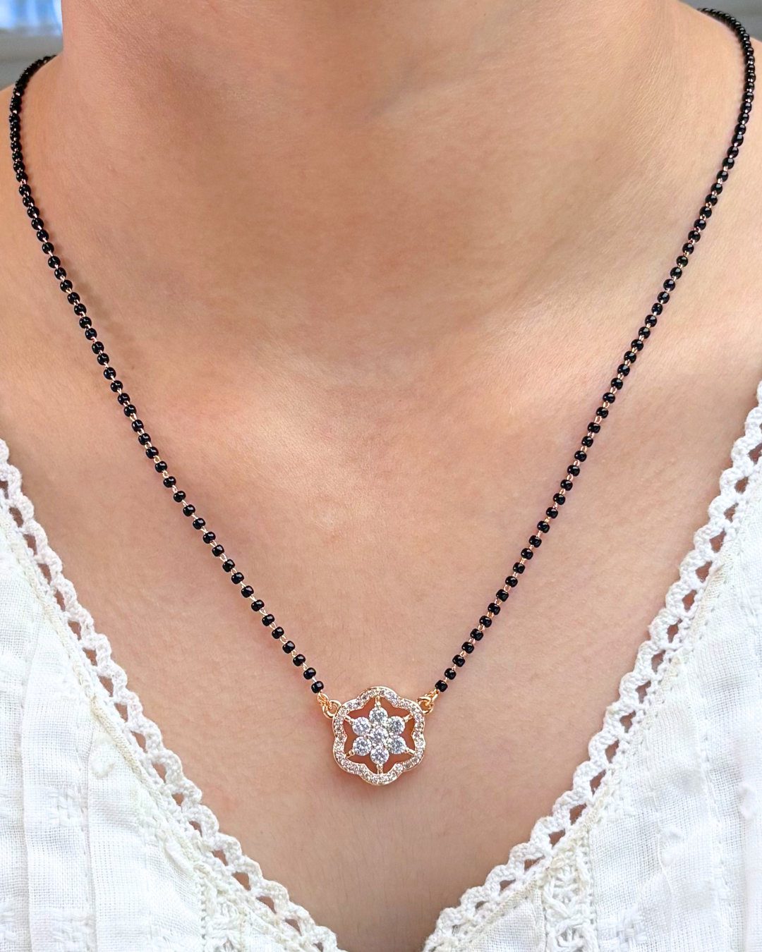 Solitaire Diamonds Flower Full Black Beads Mangalsutra