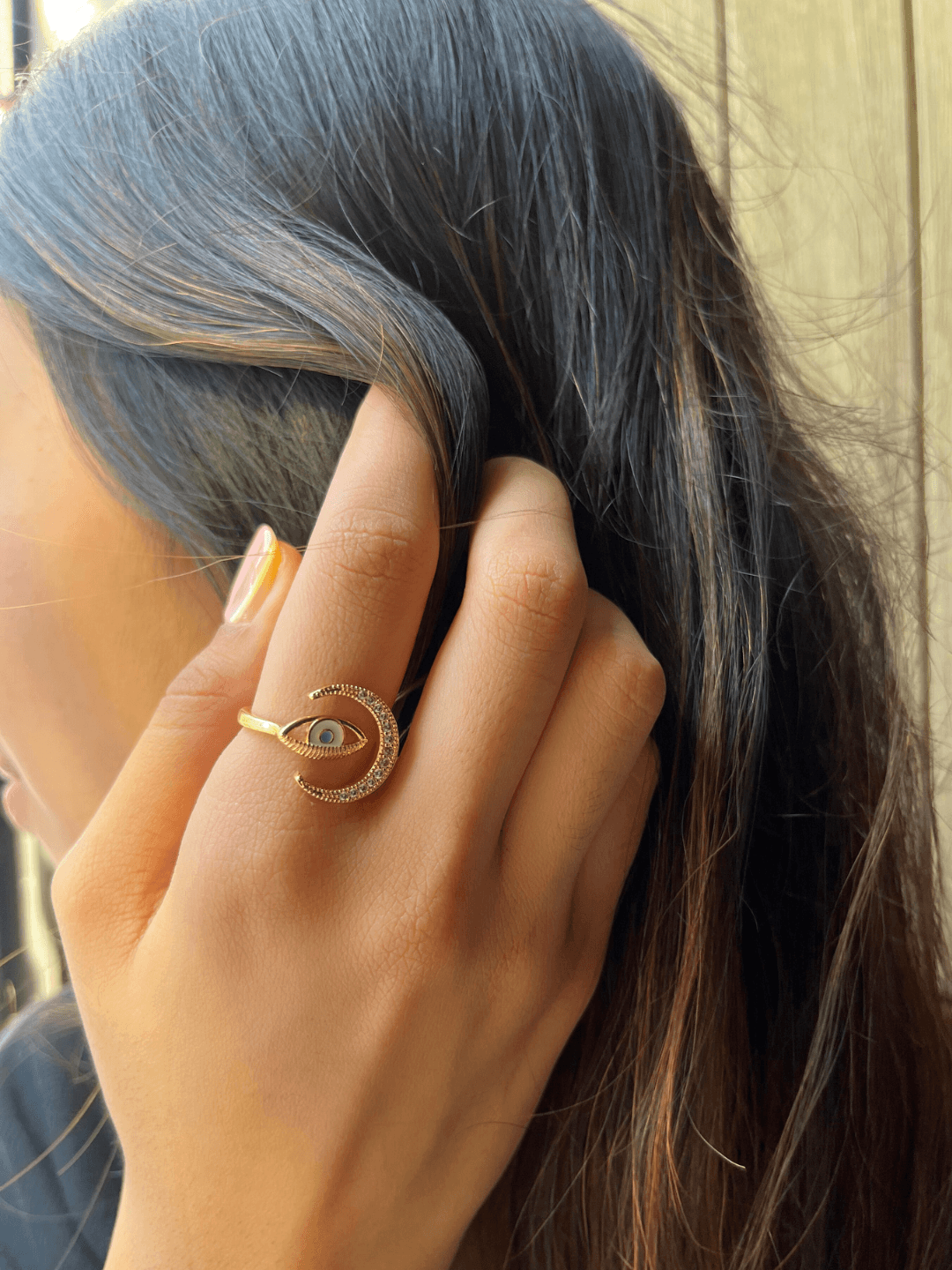 Evil Eye Lunar Charm Adjustable Ring - Zerakijewels