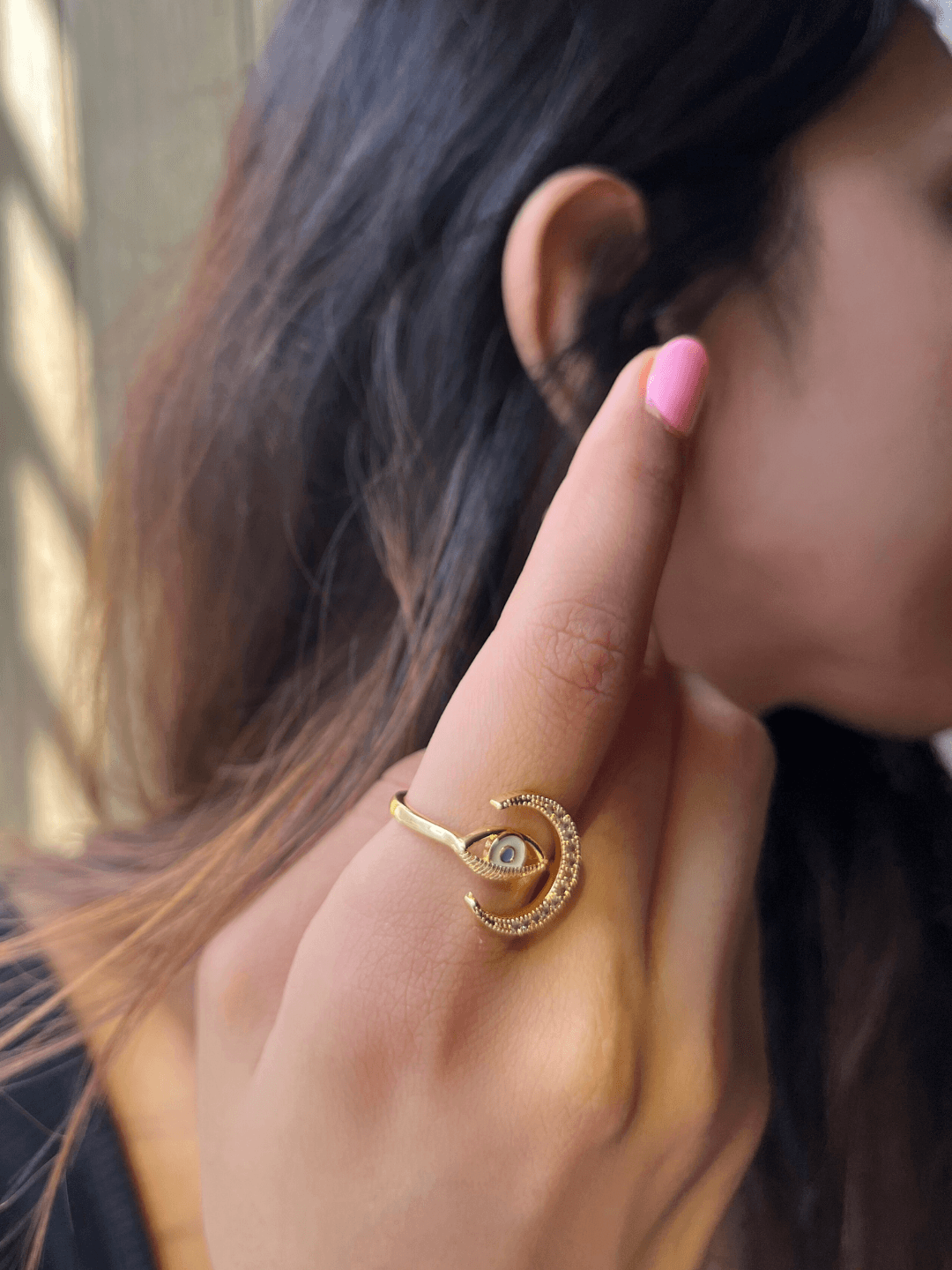 Evil Eye Lunar Charm Adjustable Ring - Zerakijewels