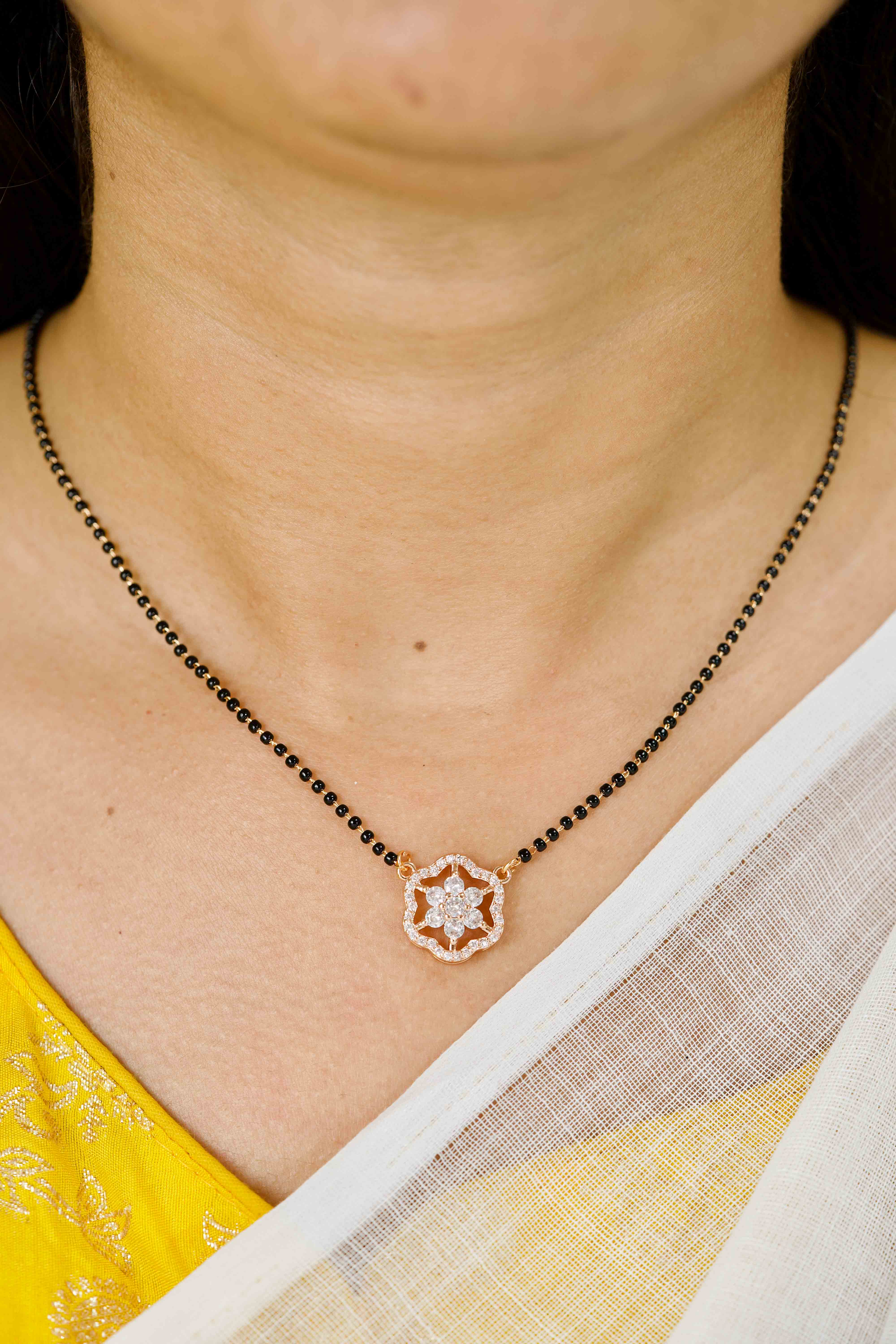 Solitaire Diamonds Flower Full Black Beads Mangalsutra