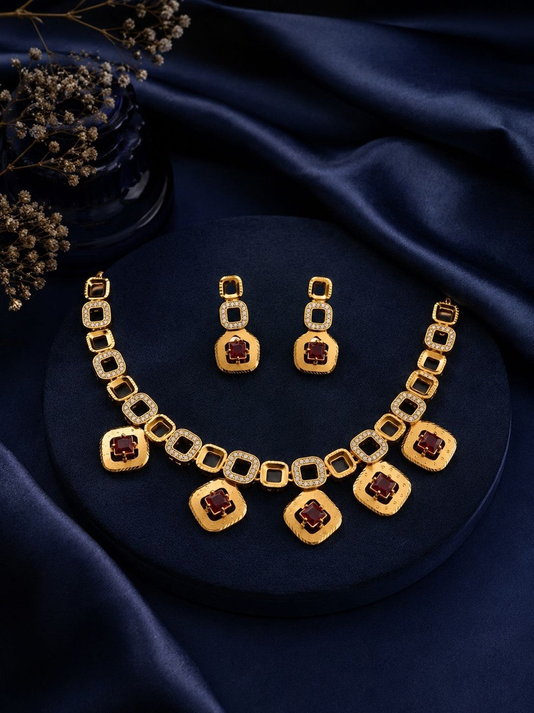 Nivya gold necklace set (Dark Pink)