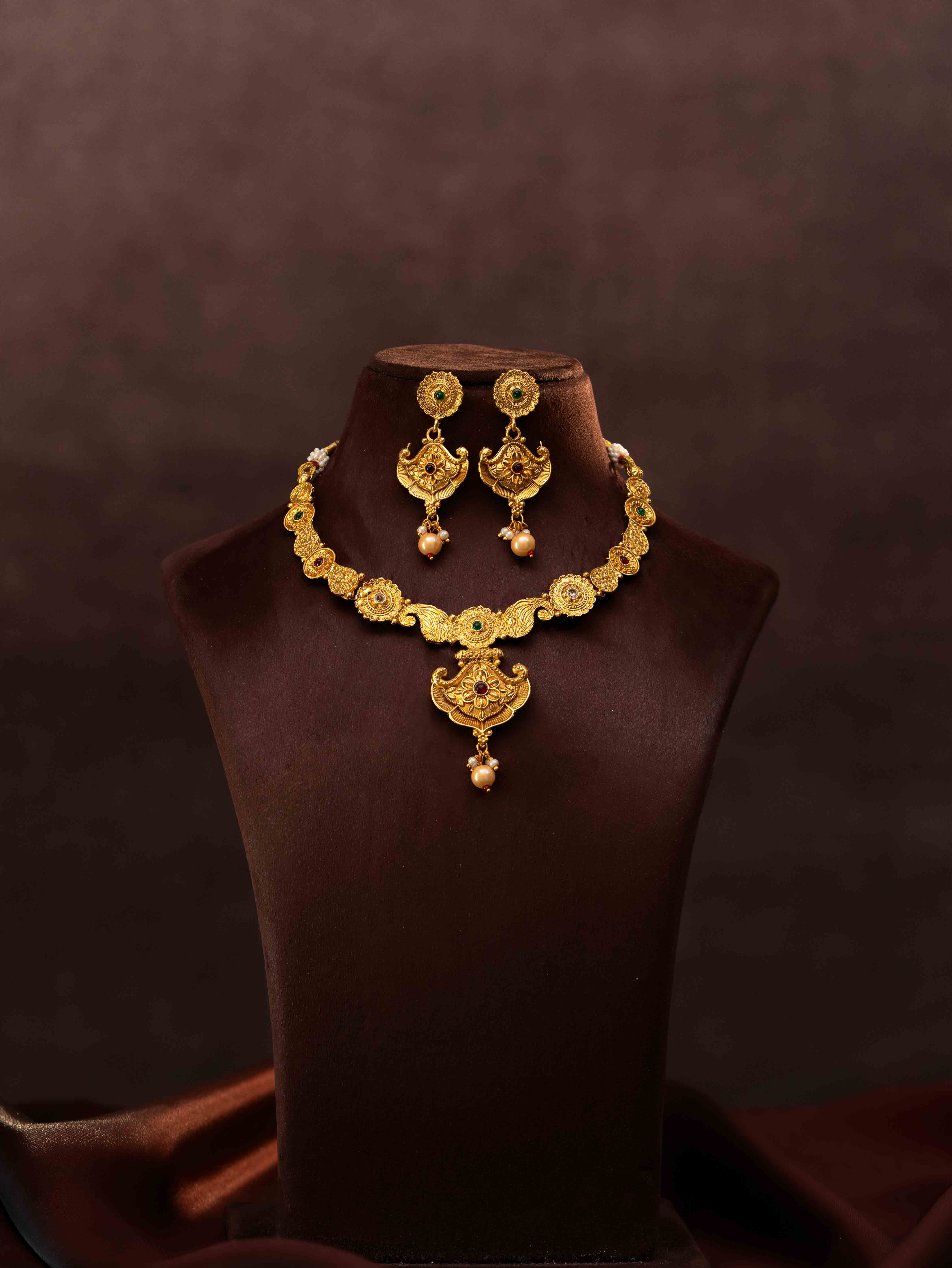 Indulekha Gold look necklace set (Multi Color Stone)