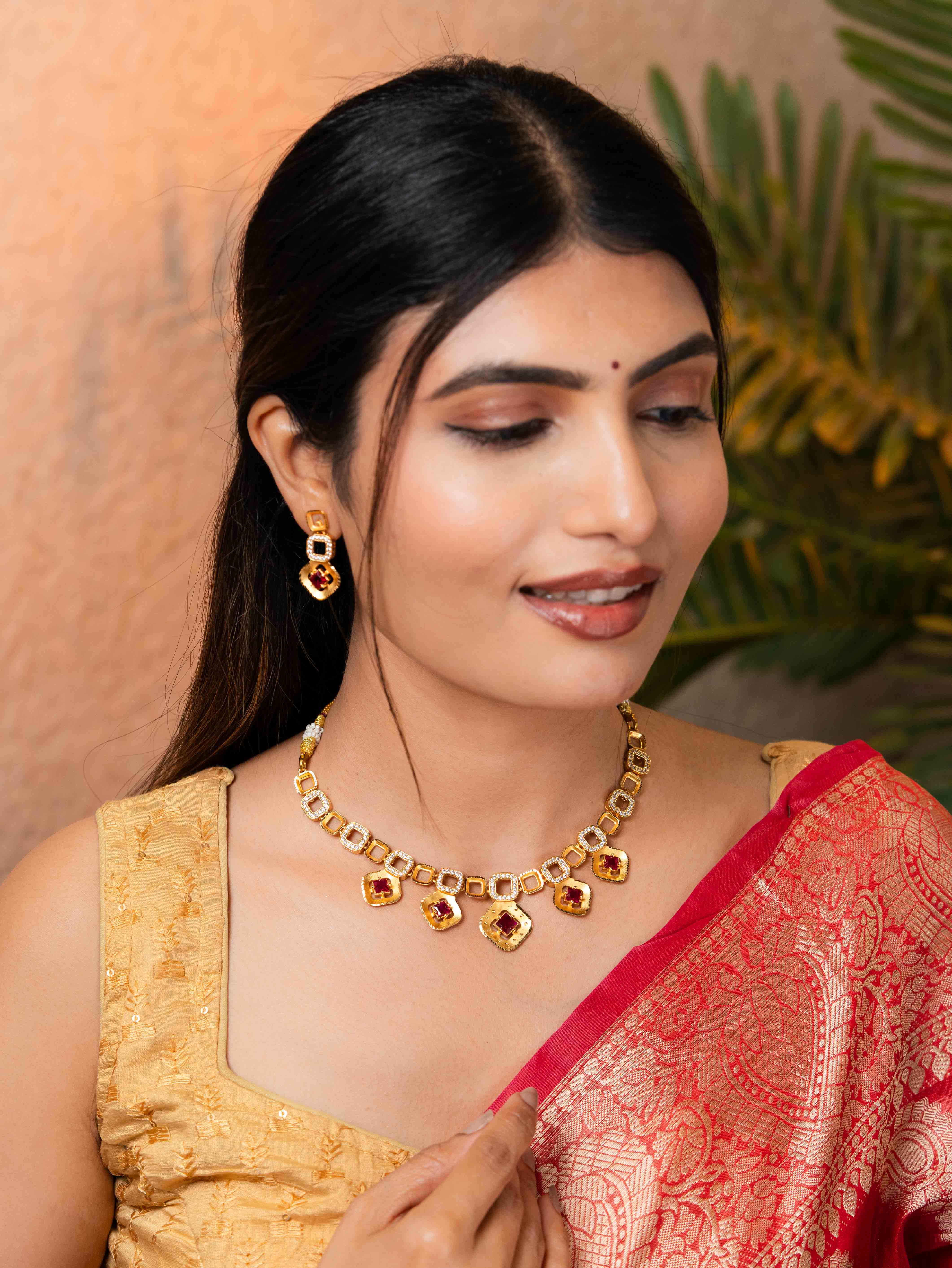 Nivya gold necklace set (Dark Pink)