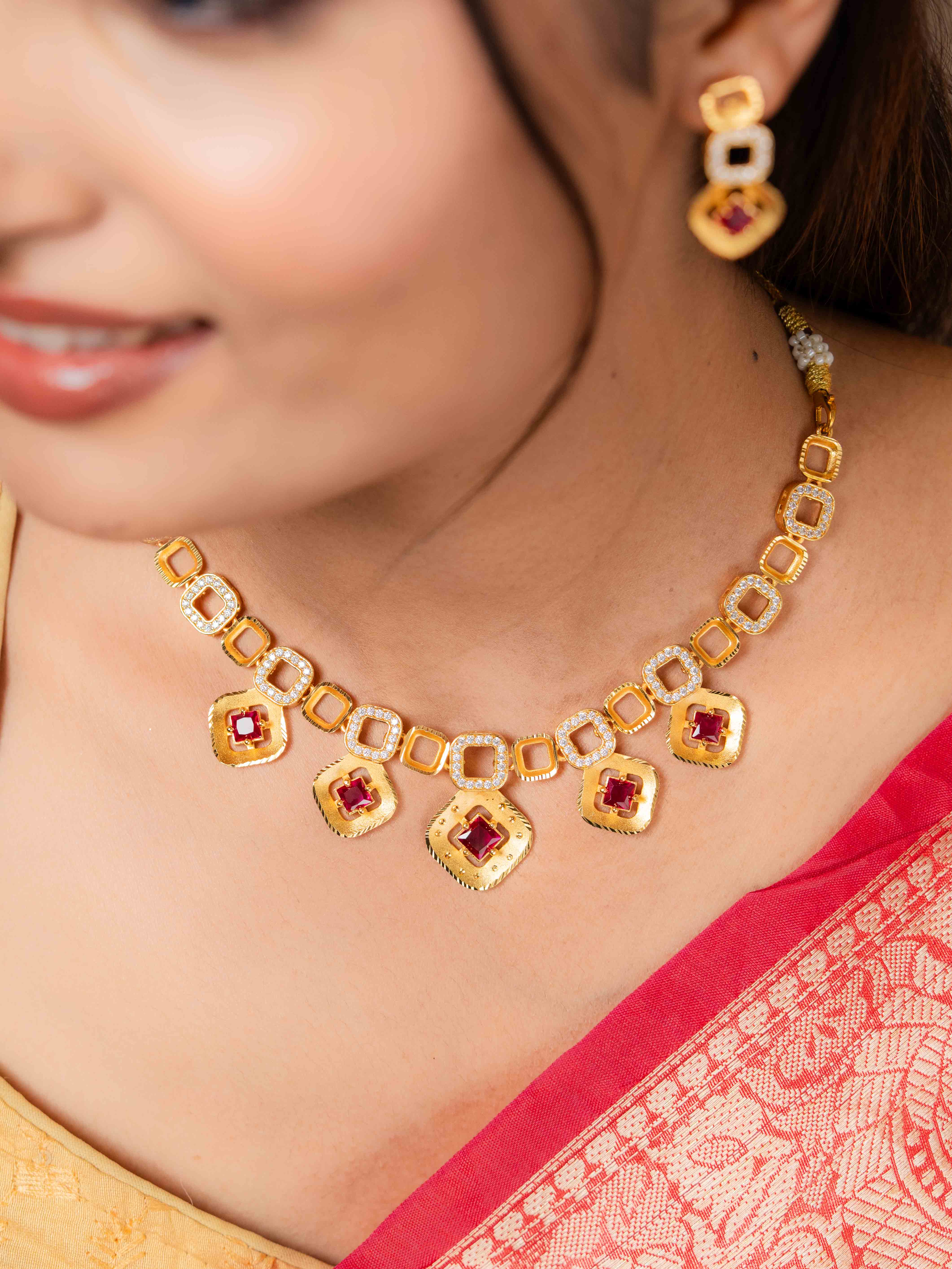 Nivya gold necklace set (Dark Pink)